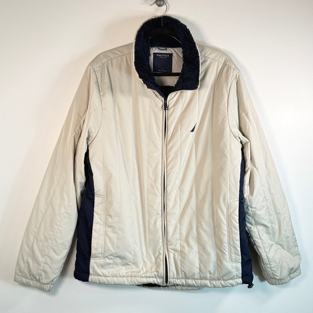 Nautica Jacket Mens Large Puffer Beige Navy Sherpa Lined Quilted OutdoorEUC